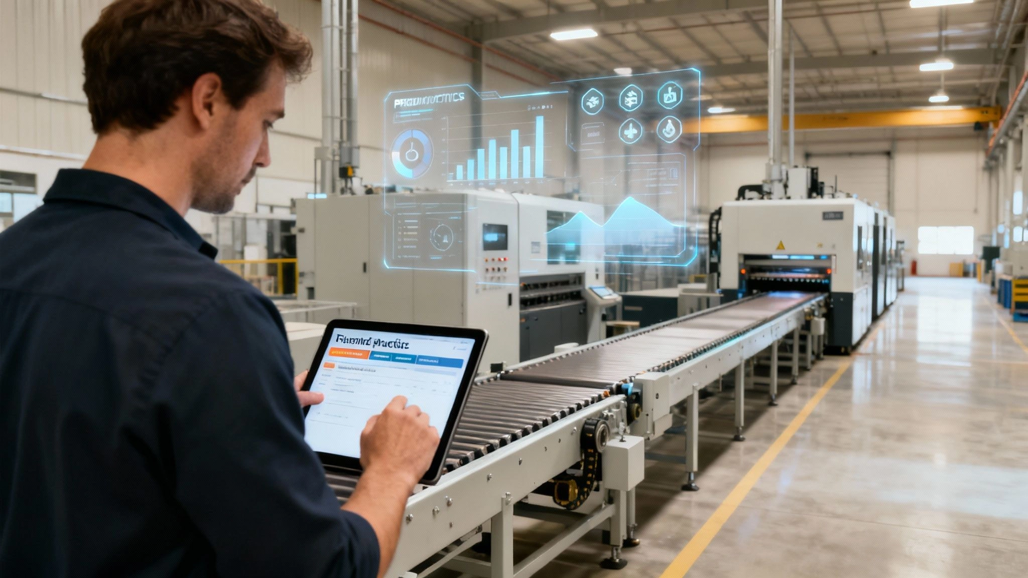 AI in Manufacturing Explained: A Practical Guide to Efficiency 1 Man uses a tablet with augmented reality data showing production analytics in a modern smart factory.