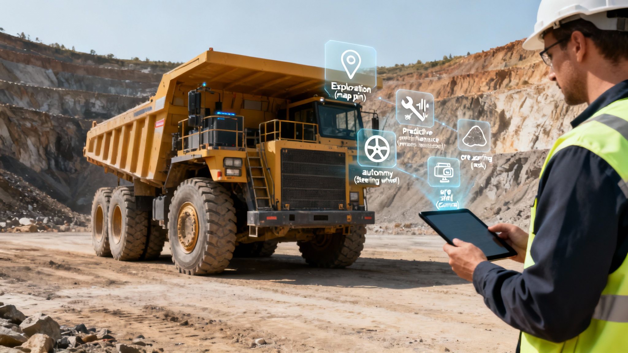 AI in Mining Uncovered: How Smart Tech Boosts Safety and Profit 1 An engineer uses a tablet with augmented reality overlays to manage a large autonomous mining truck in an open pit.