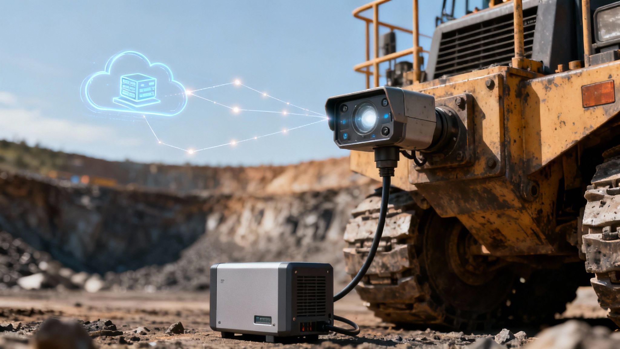 AI in Mining Uncovered: How Smart Tech Boosts Safety and Profit 3 A rugged camera on mining equipment transmits data to a glowing cloud server, symbolizing smart mining technology.
