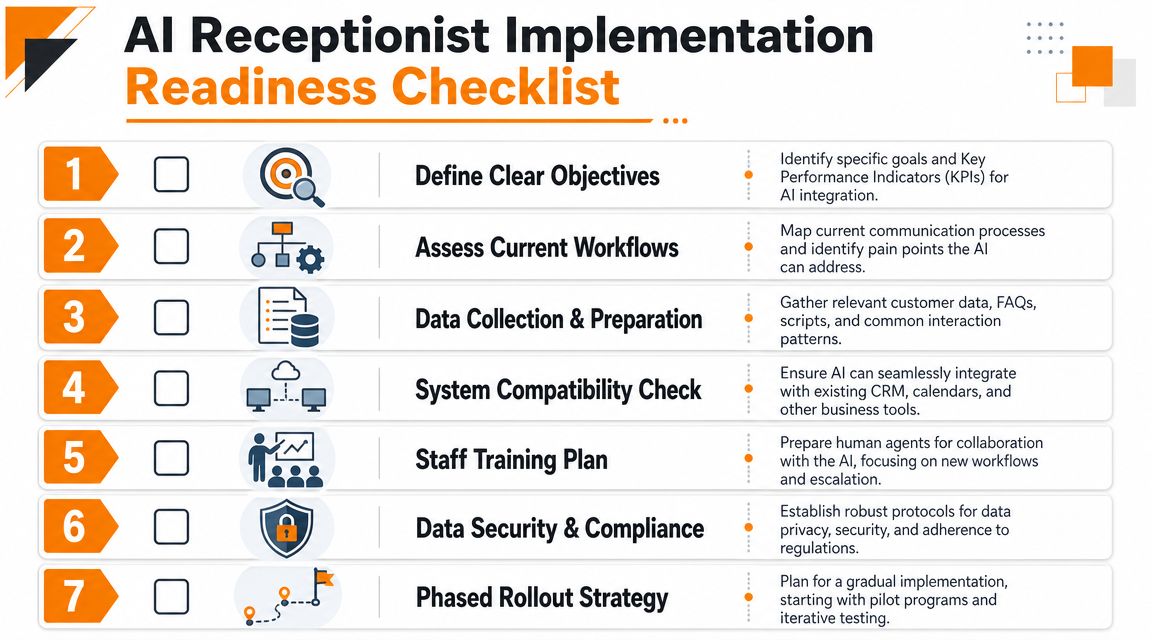 A seven-step checklist graphic outlining the readiness requirements for implementing an AI receptionist system for businesses.