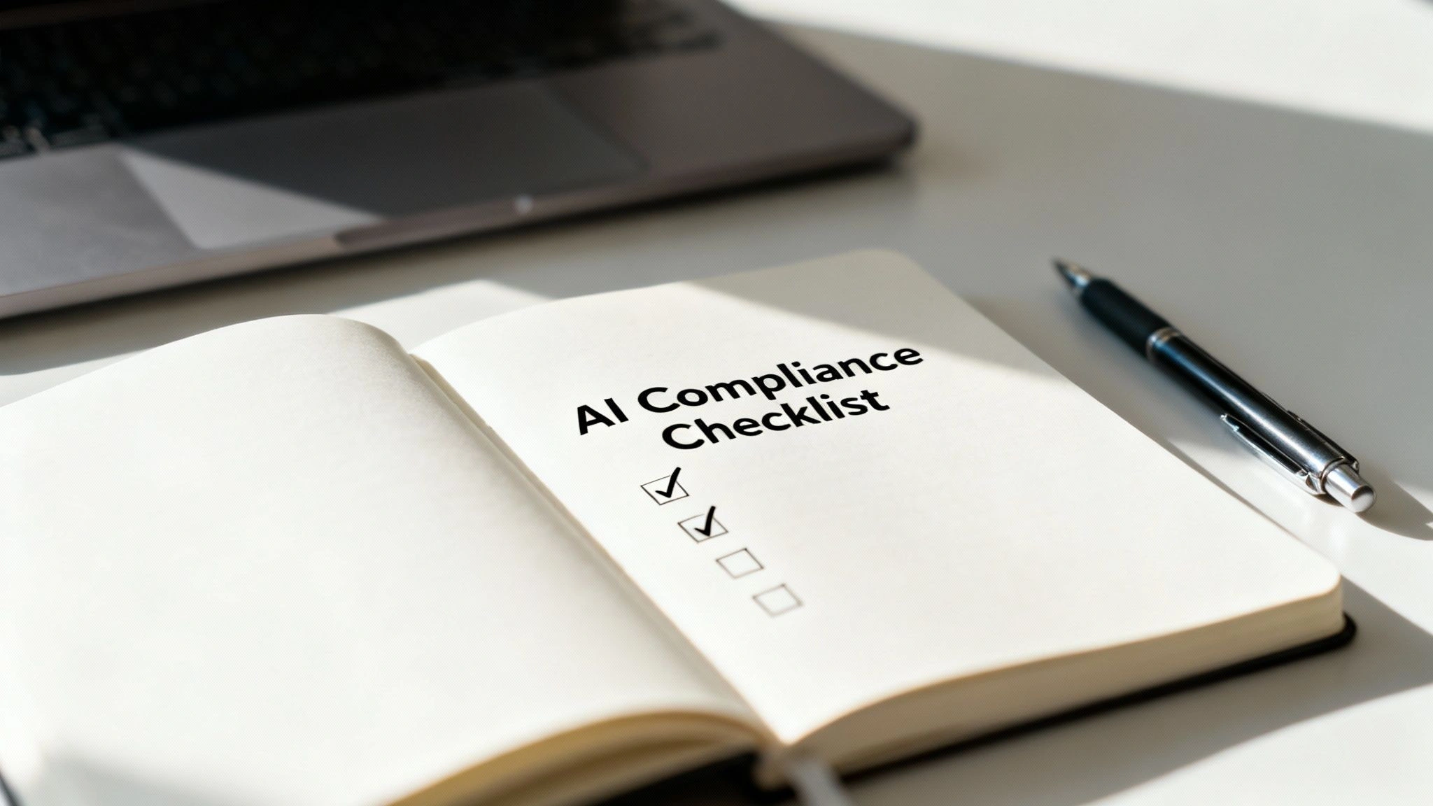 A Business Guide to AI Regulation in Australia 3 An open notebook with 'AI Compliance Checklist' and checked boxes, next to a pen and laptop.