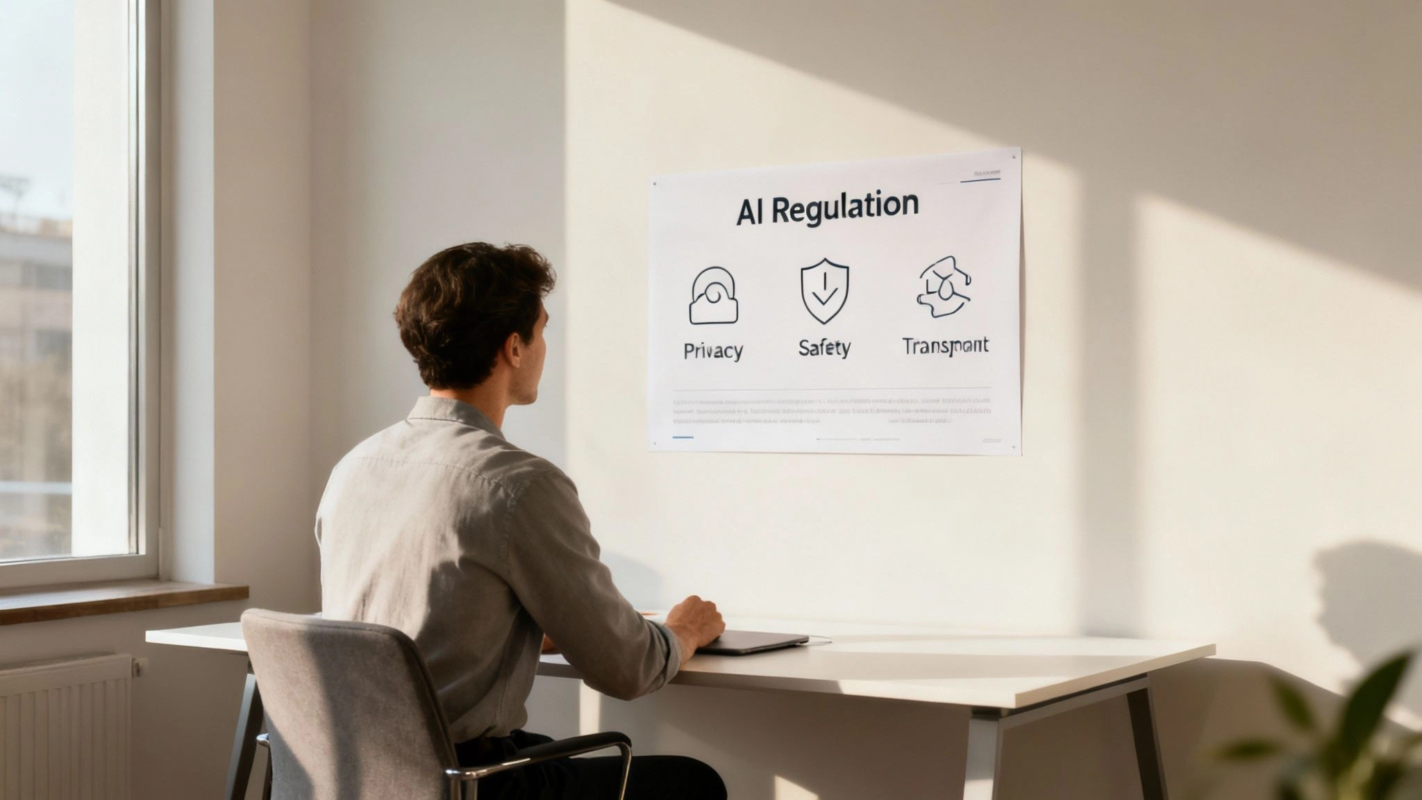 A Business Guide to AI Regulation in Australia 1 A man in an office looks at a poster outlining AI regulation principles: Privacy, Safety, and Transparency.