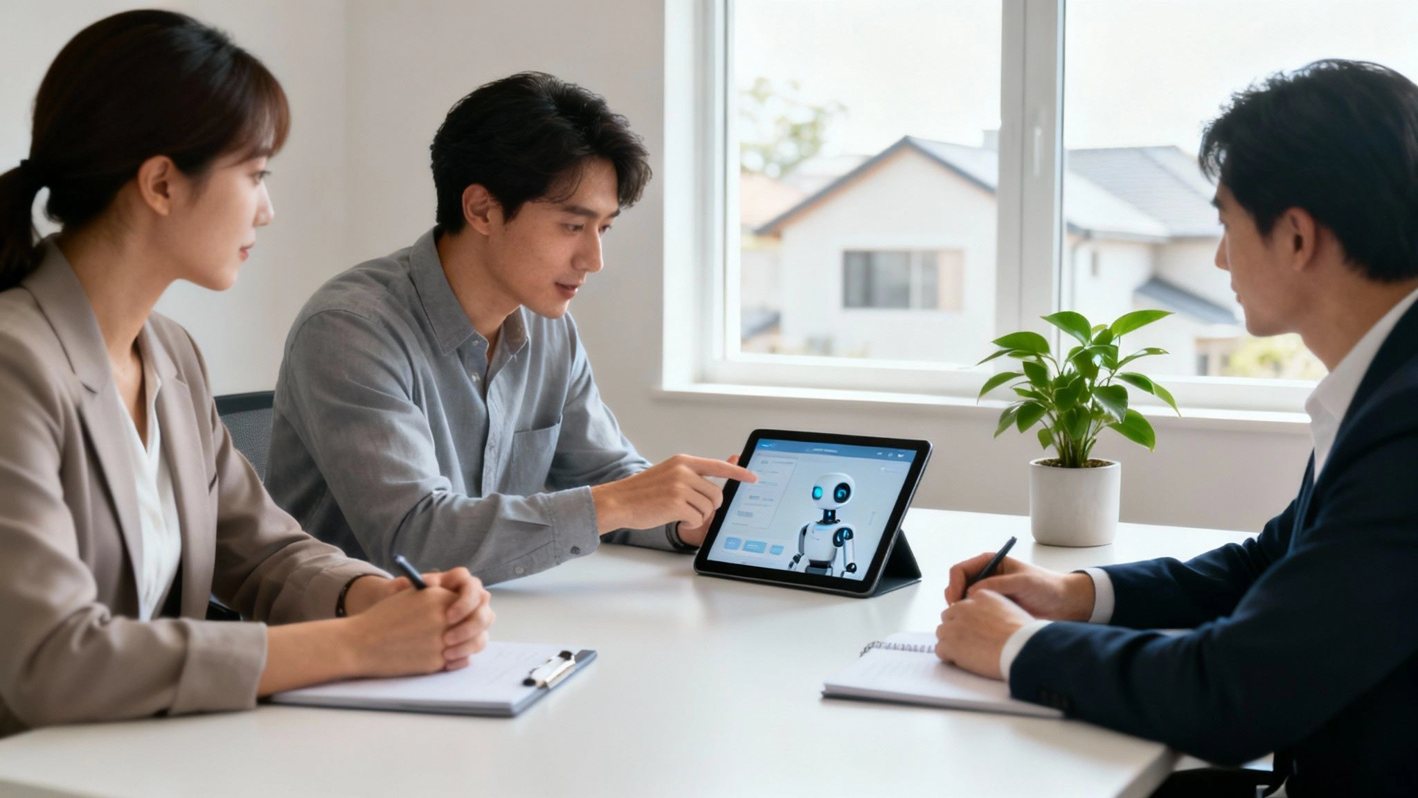A diverse team of property management professionals gathered around a table, collaboratively learning a new AI software on a laptop.