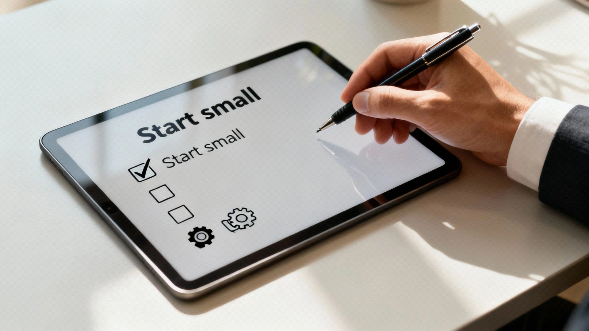 A person at a desk drawing out a workflow plan on a piece of paper.