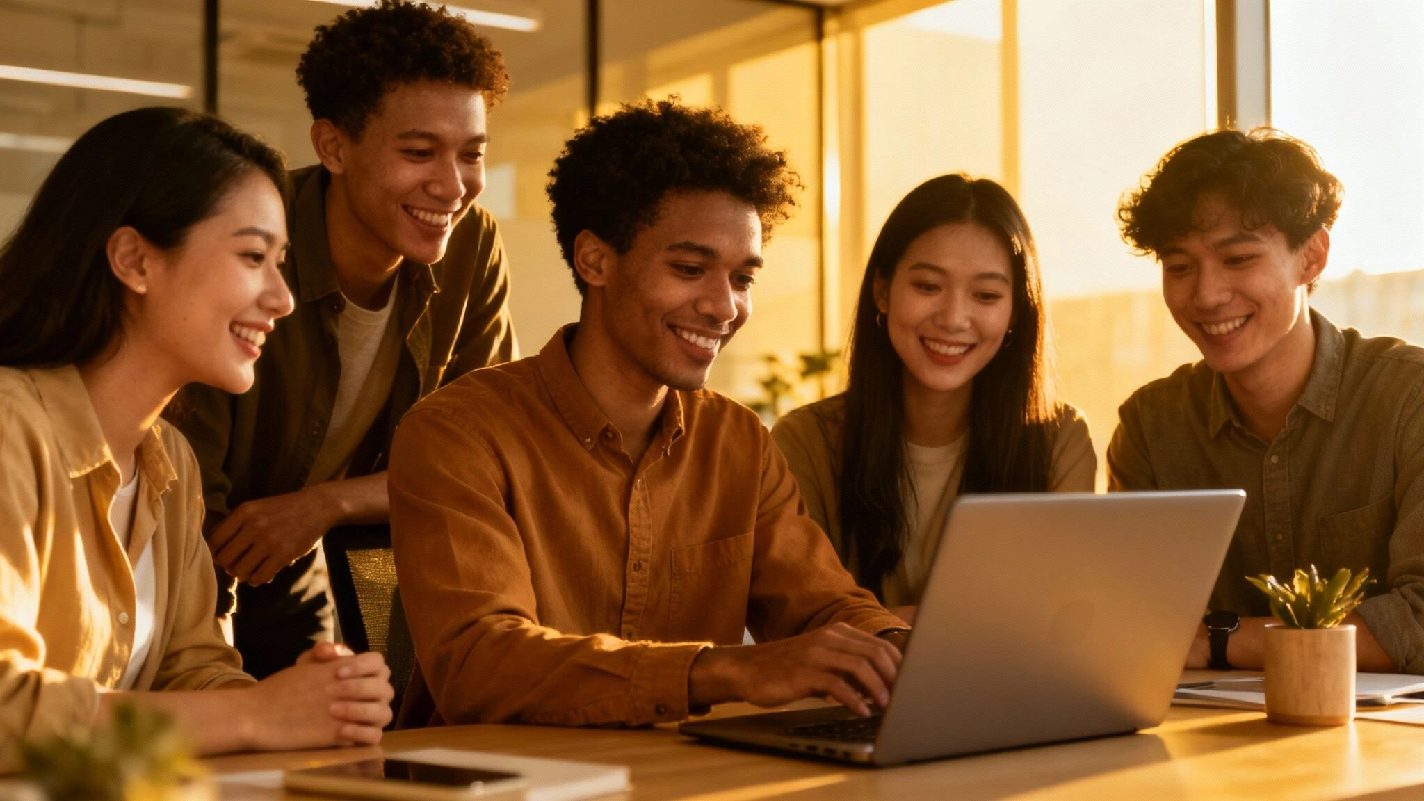 A diverse team collaborates in a modern office, feeling empowered by technology.