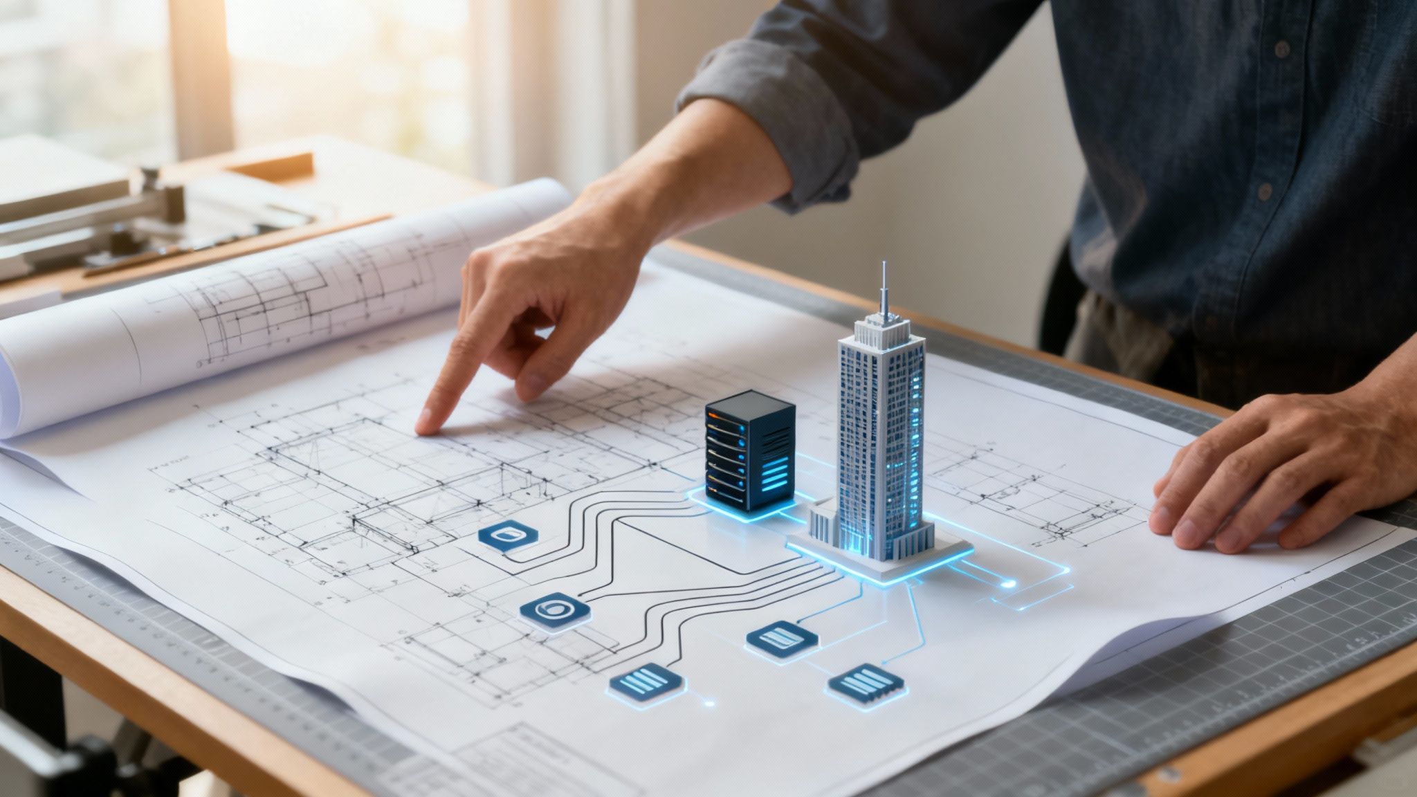 A person sketching a complex blueprint on a glass wall, representing system architecture planning.