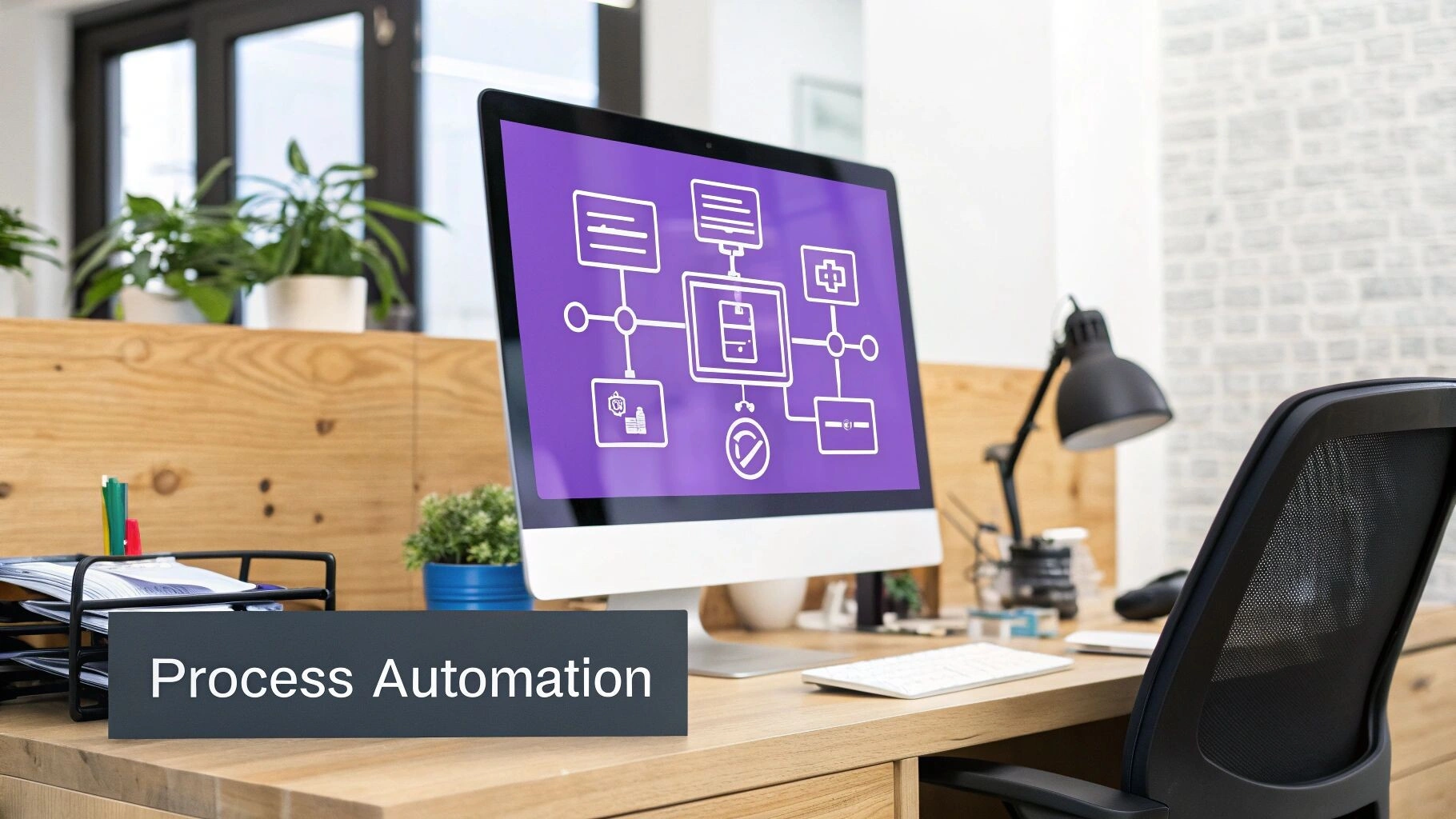 An illustration of a robot interacting with computer systems, symbolising Business Process Automation.