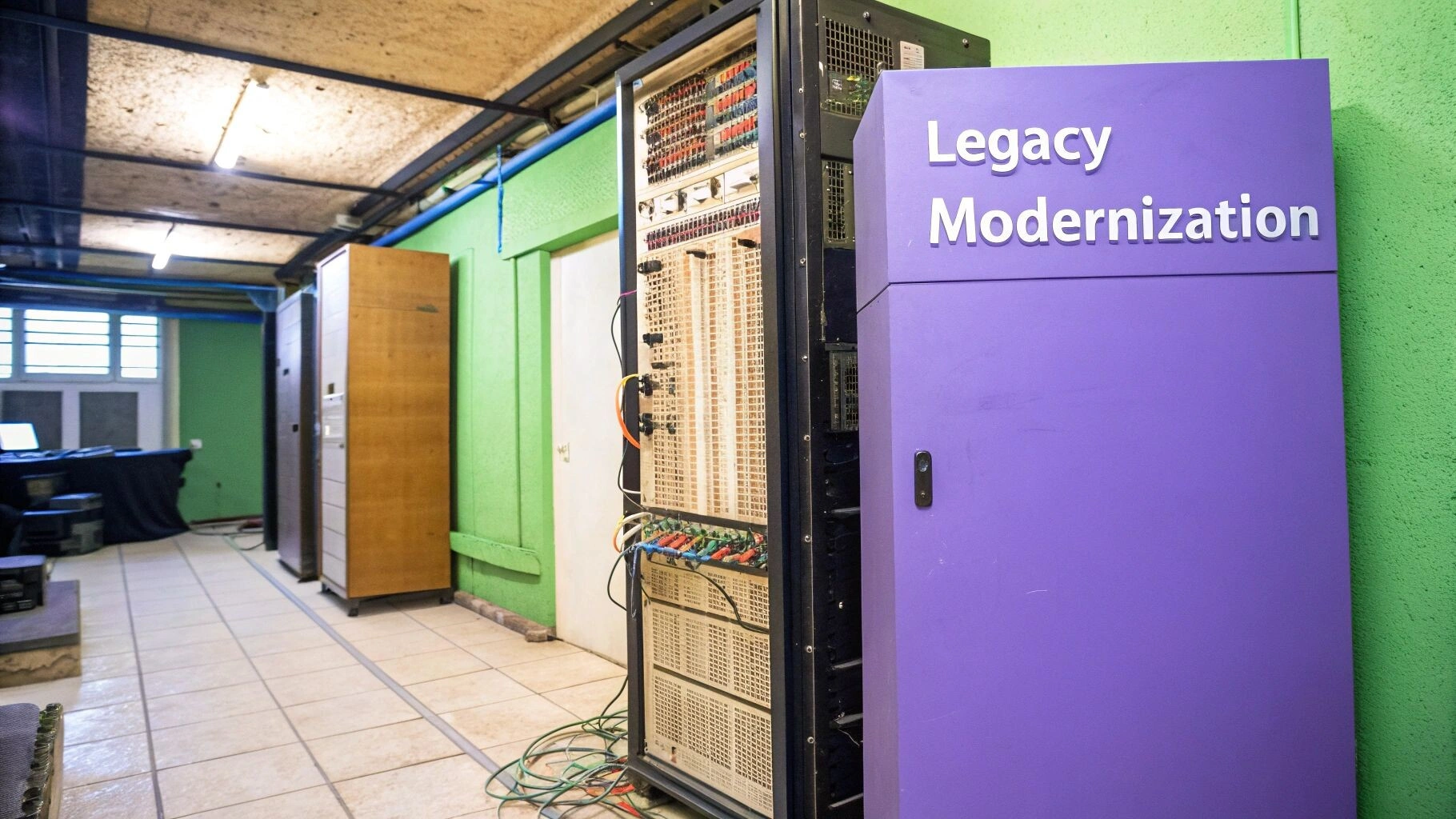 An illustration showing a modern API gateway connecting to an old, monolithic legacy system, with data flowing to modern applications on laptops and mobile devices.