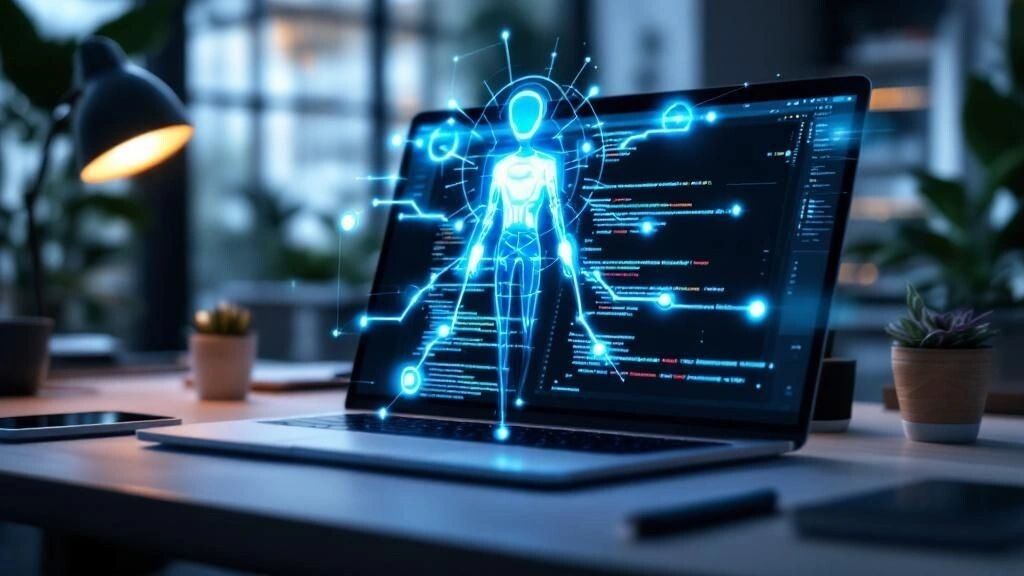 A person interacting with a futuristic AI interface, symbolizing the creation of an AI agent with OpenAI AgentKit.