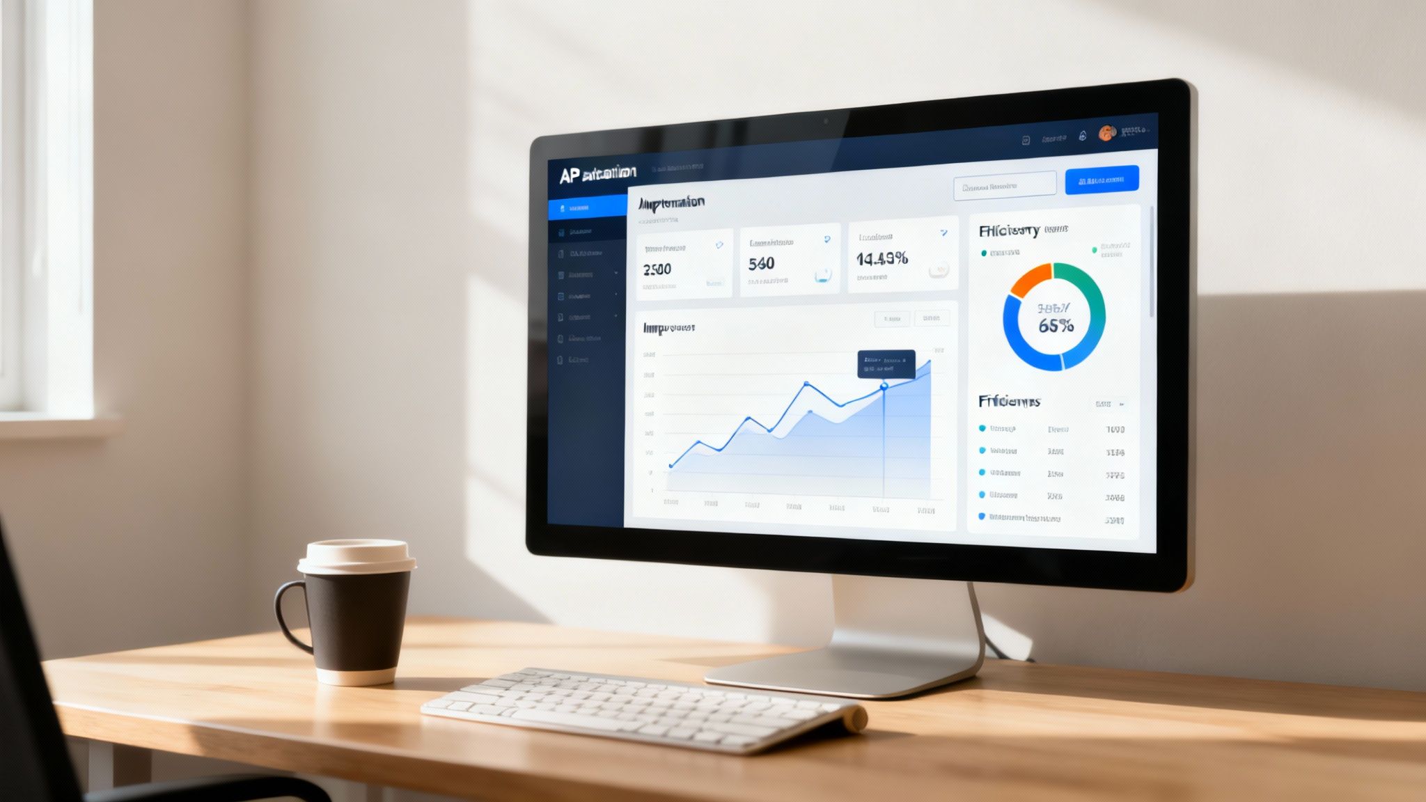 A person at a desk reviewing a dashboard on a large monitor that displays graphs and metrics, showing business performance.