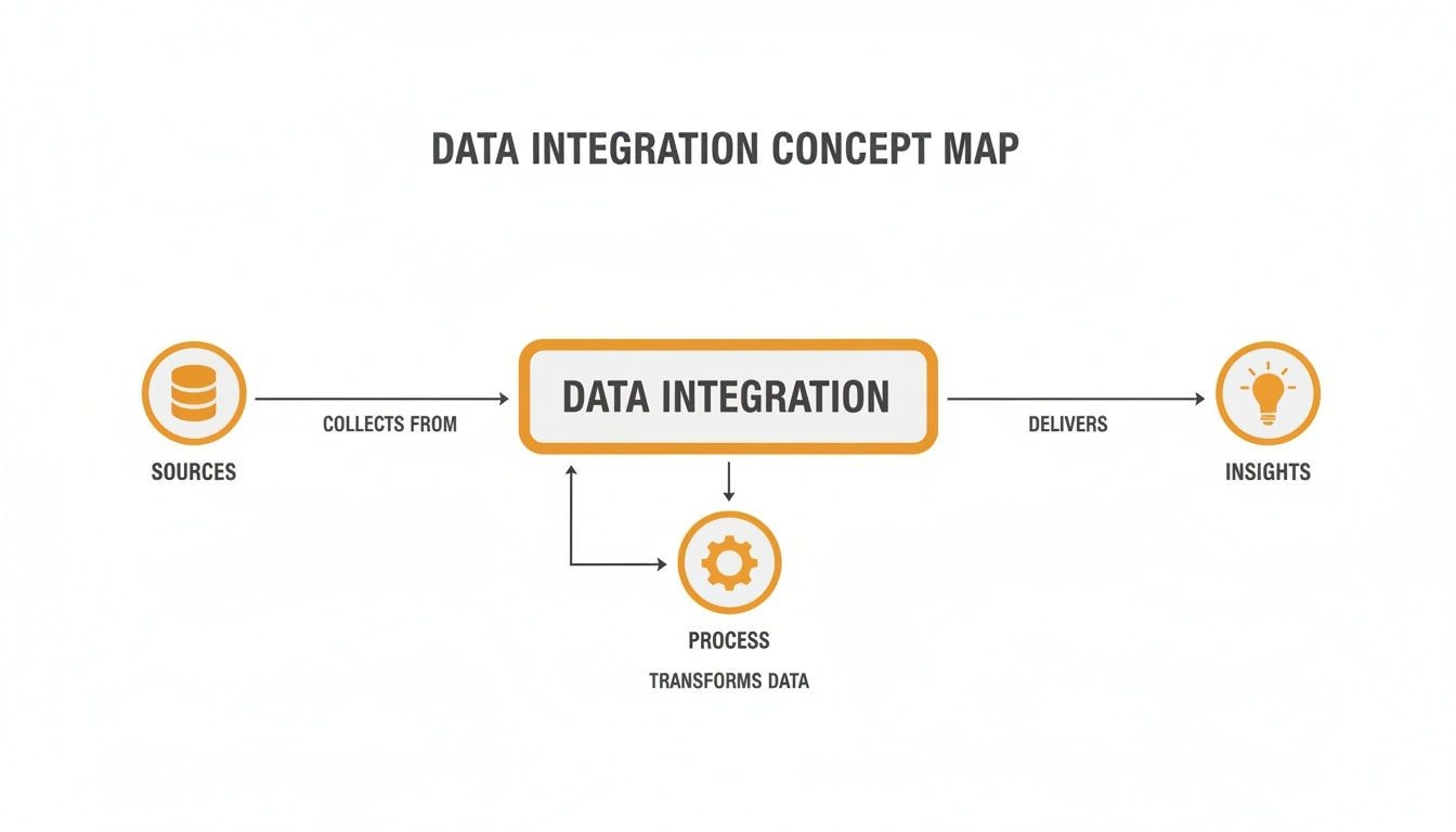 A Simple Guide to Data Integration 1 A concept map illustrating data integration process from sources, through transformation, to delivering insights.