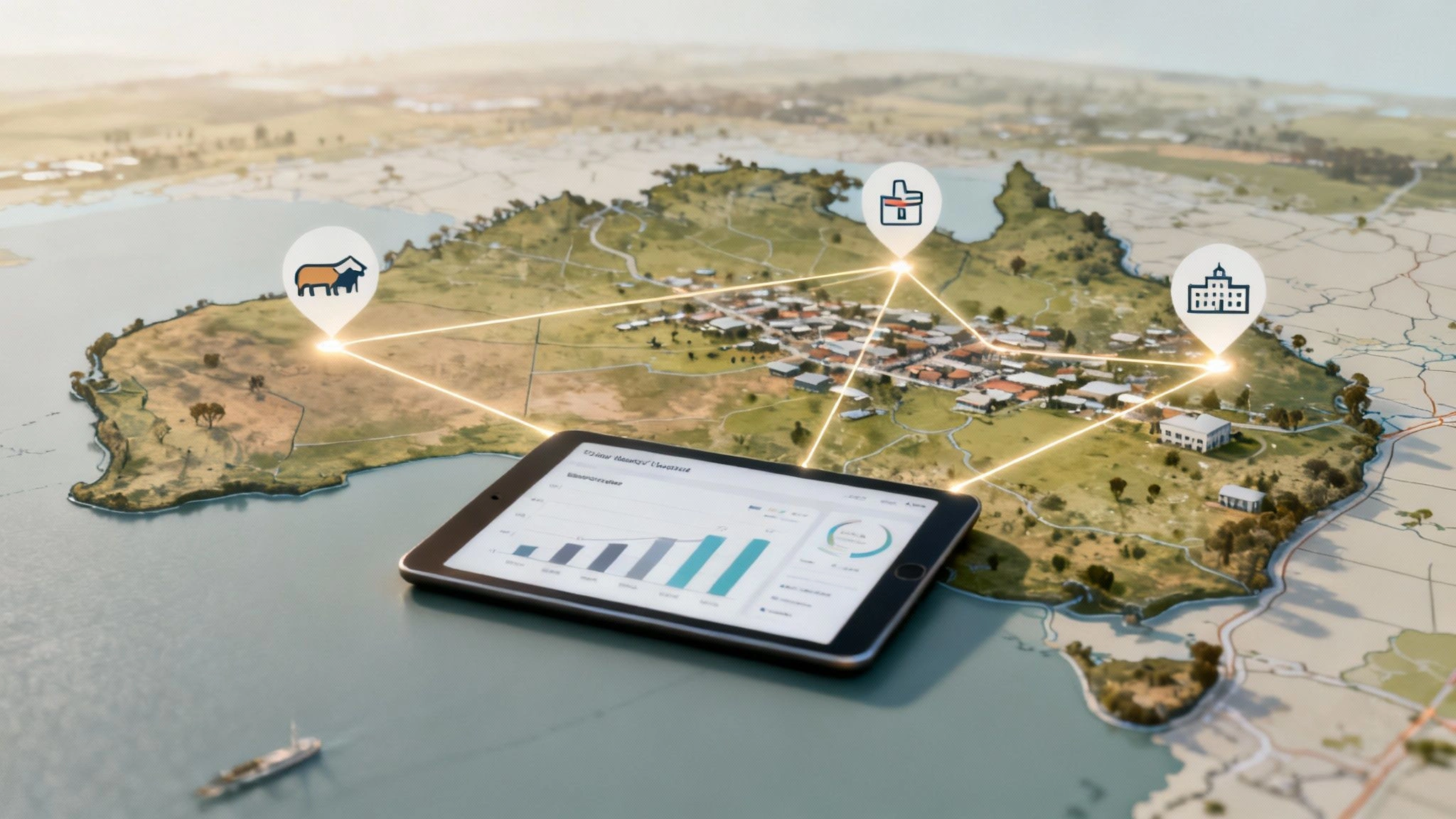 A Simple Guide to Data Integration 2 Digital map of Australia with interconnected data points, smart city icons, and a tablet showing analytics.