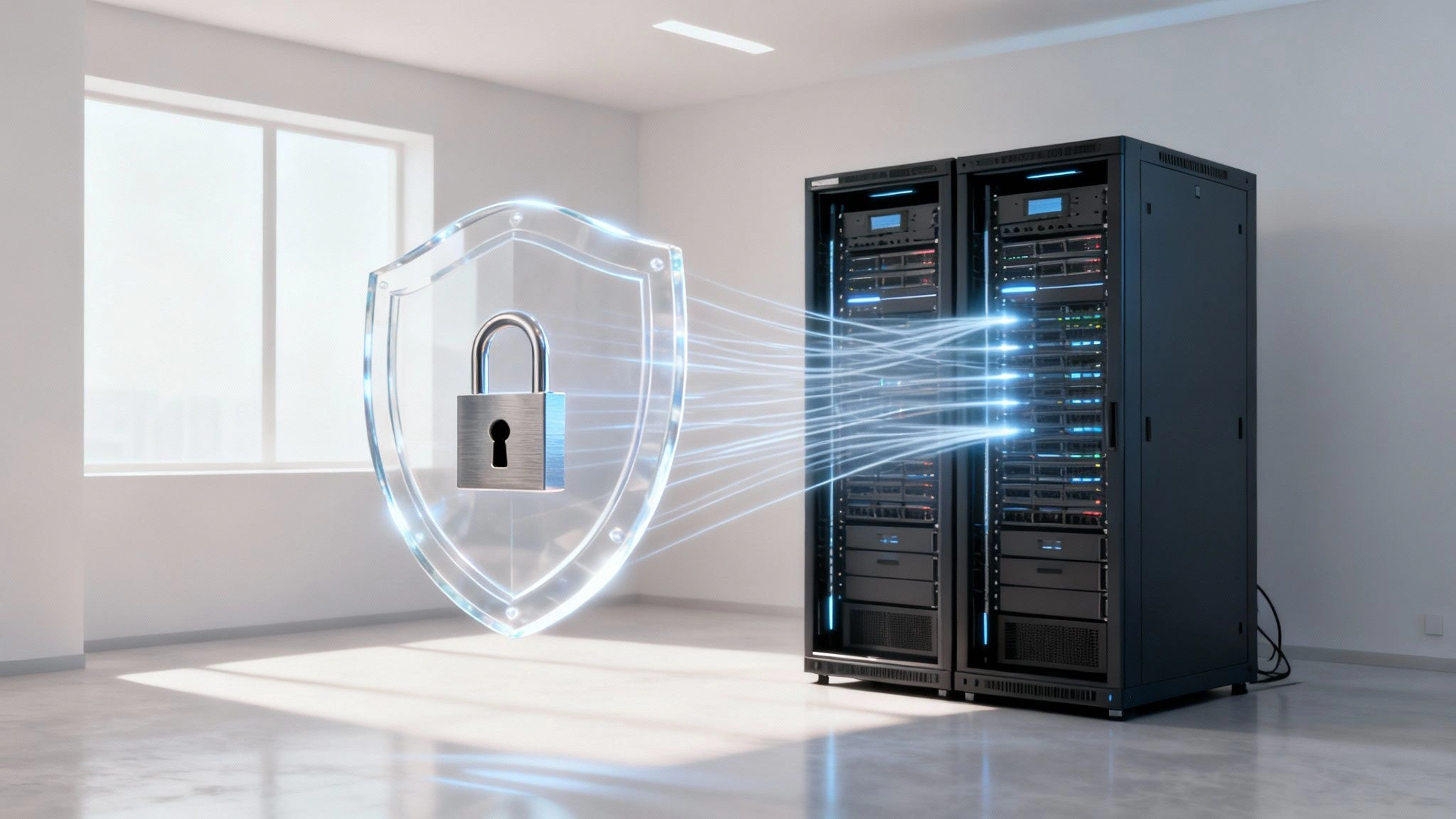 A Simple Guide to Data Integration 3 A transparent shield with a padlock protects two server racks, with blue data streams connecting them.
