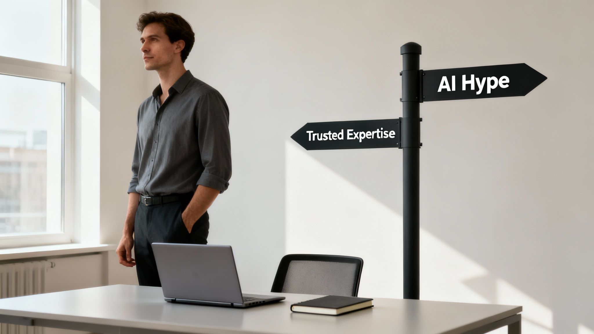 A person looking thoughtfully at a complex flowchart, representing the difficulty of choosing an AI partner.