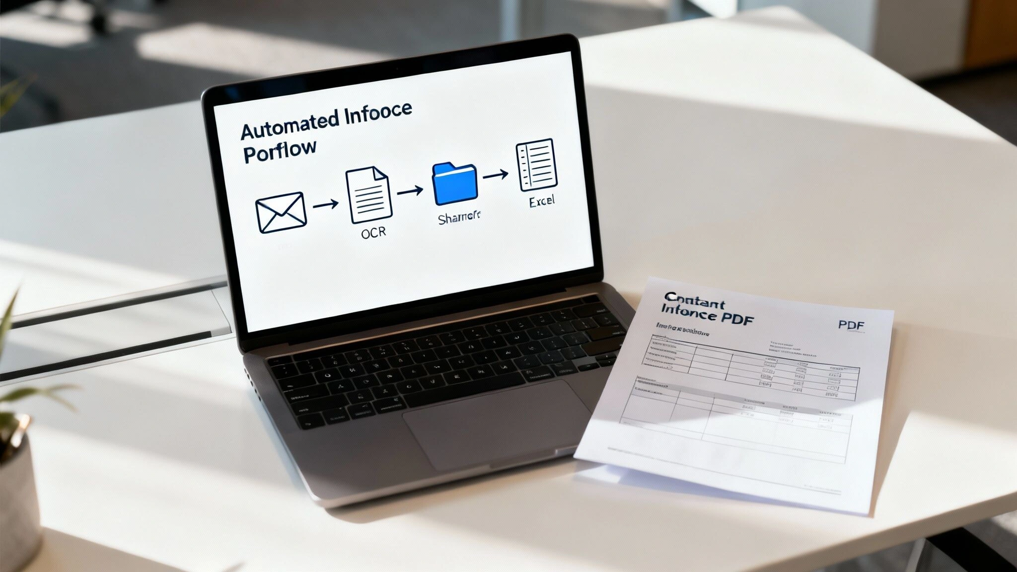 A team collaborates in a modern office, working on laptops and sharing ideas.