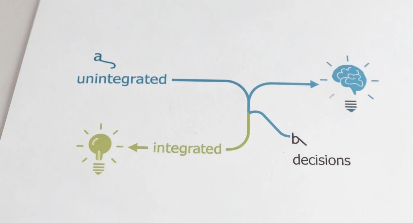 Infographic showing an unintegrated data path leading to a question mark, and an integrated data path leading to a lightbulb and then to a brain icon for decisions.