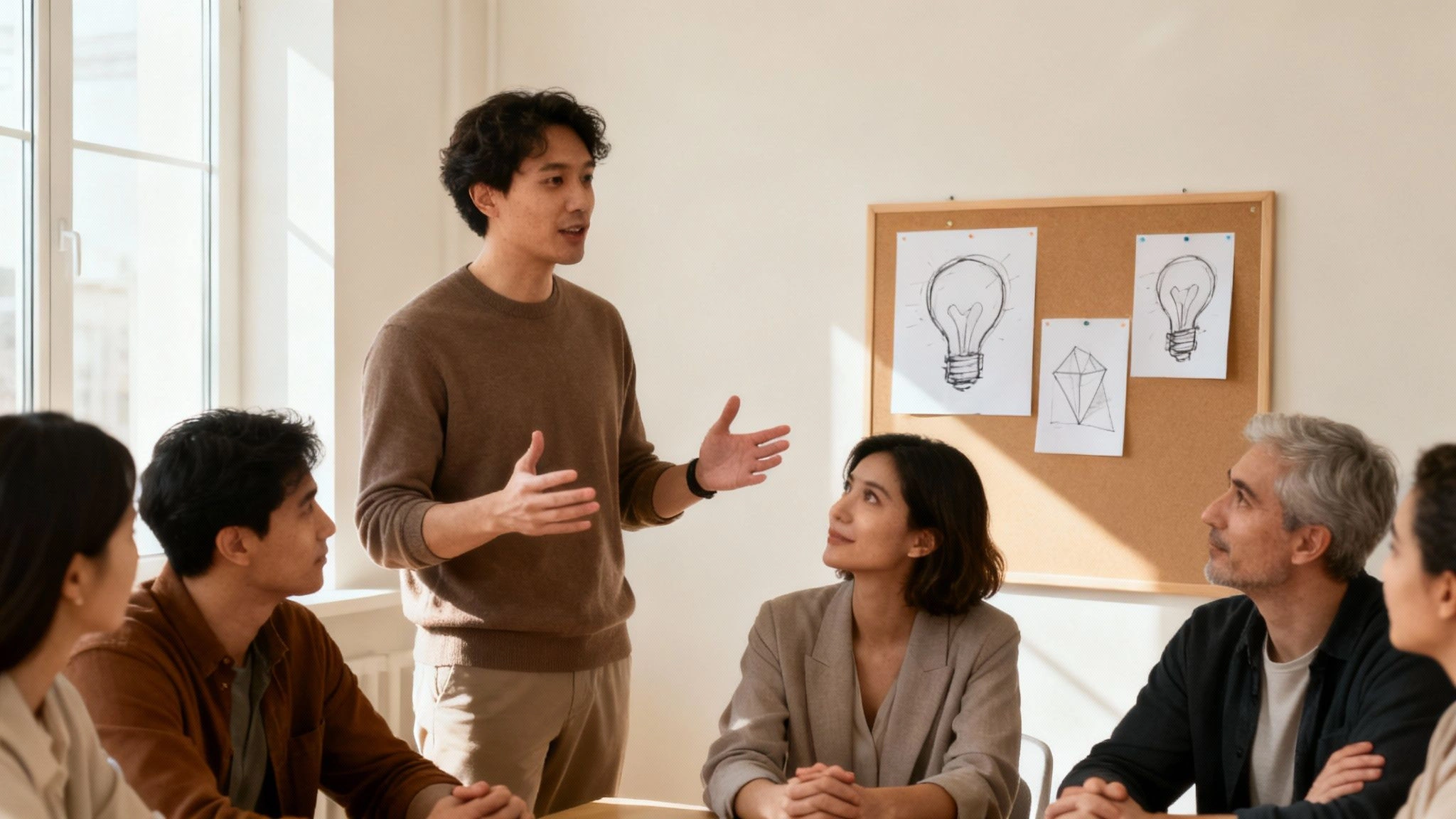A diverse team collaborates around a table with a laptop, showing engagement and teamwork