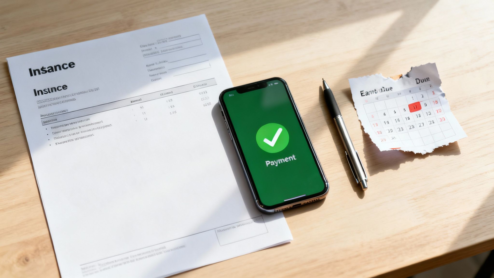 Smartphone showing payment confirmation, an insurance document, a pen, and a calendar on a wooden desk.