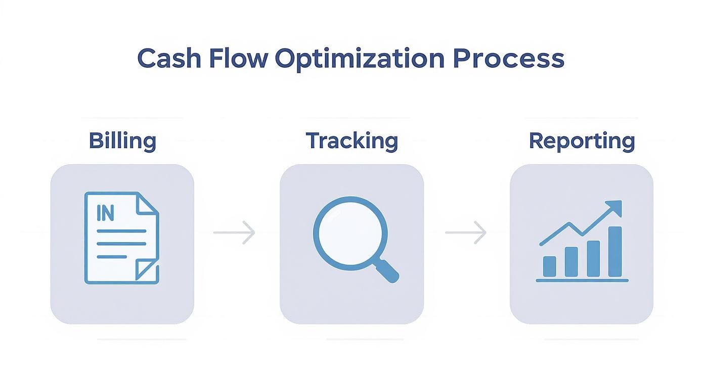 A diagram illustrating the cash flow optimization process, showing billing, tracking, and reporting steps.