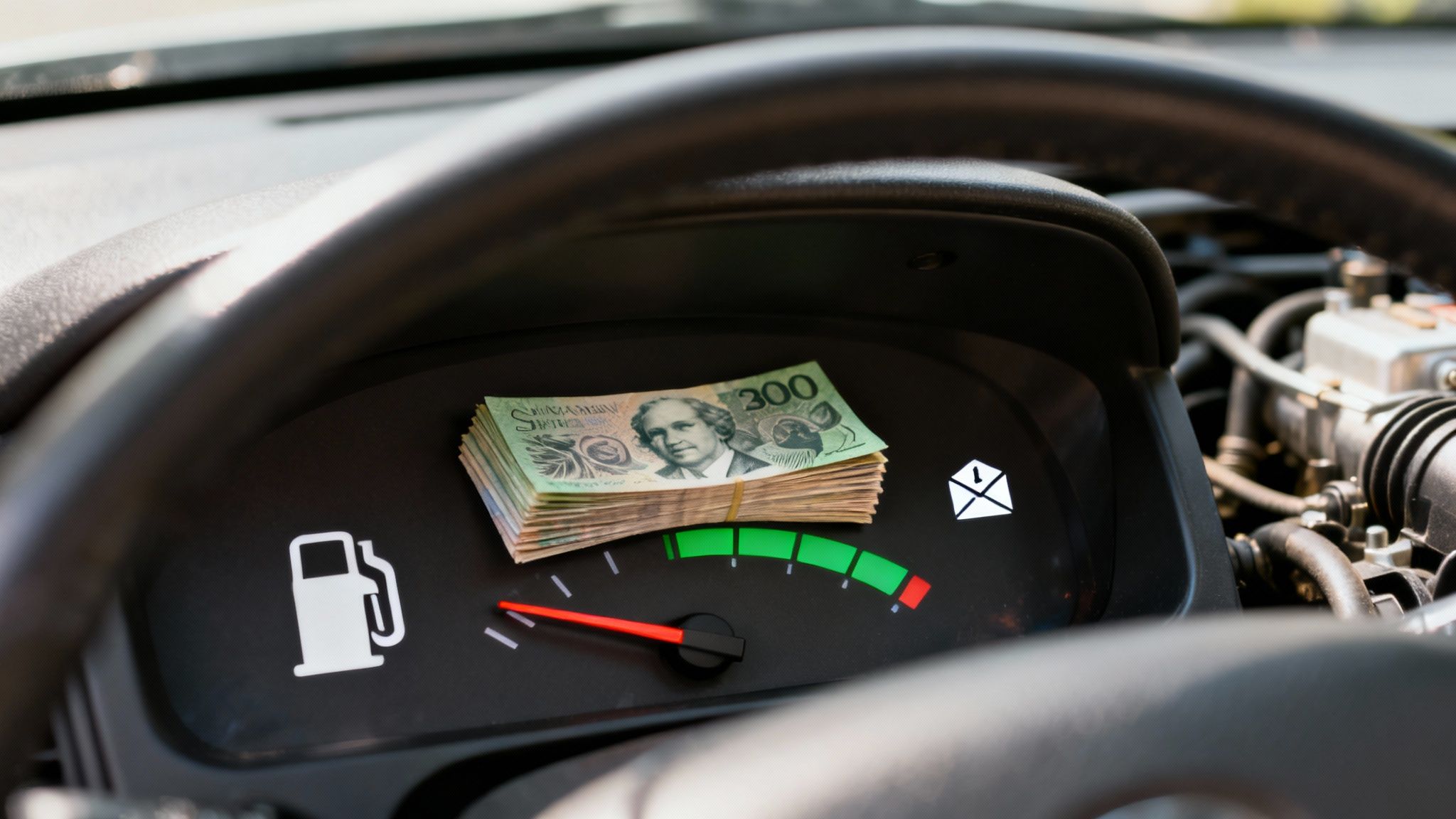 A car's dashboard showing a low fuel gauge, a stack of 200 currency notes, and a warning icon.