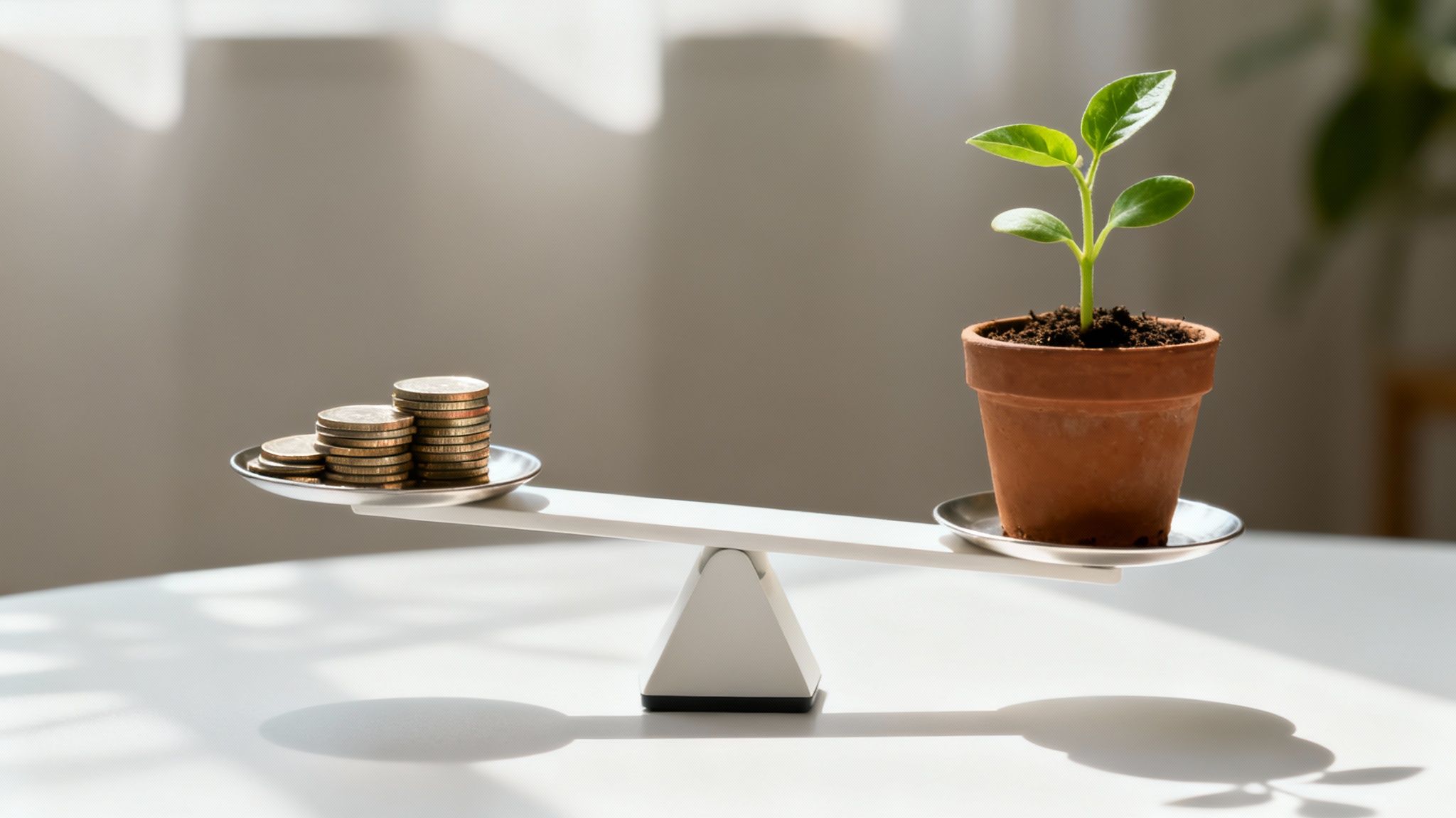 A balance scale shows stacks of coins on one side and a green plant on the other, symbolizing investment and growth.