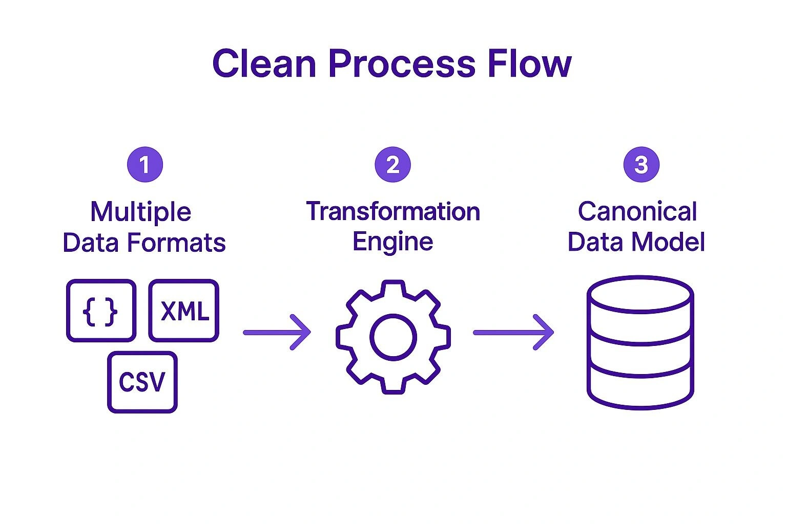 Infographic showing a process flow where multiple data formats like JSON, XML, and CSV are processed by a transformation engine and converted into a single, unified canonical data model.