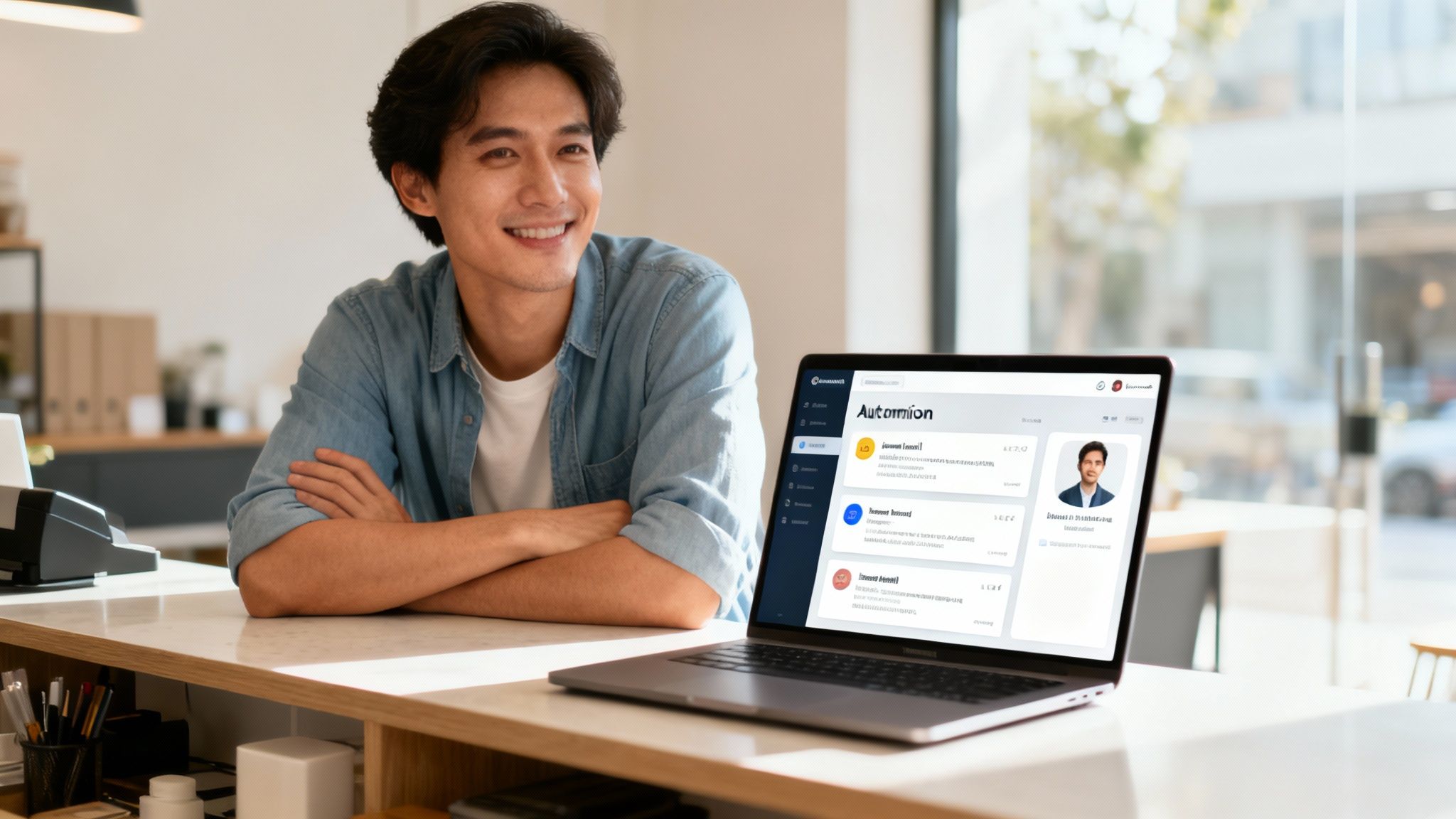 A smiling young man sits at a counter, looking at a laptop displaying 'Automion' marketing software.