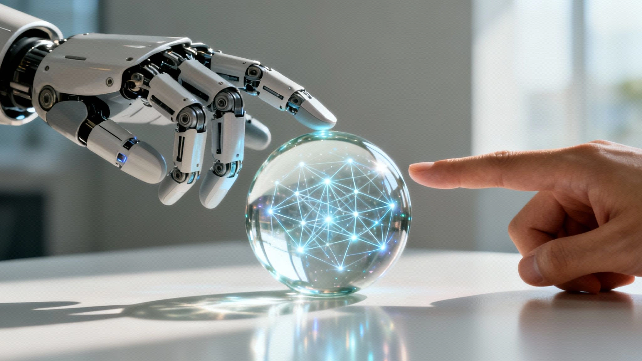 Robotic and human hands touch a glowing network sphere, symbolizing AI and human connection.