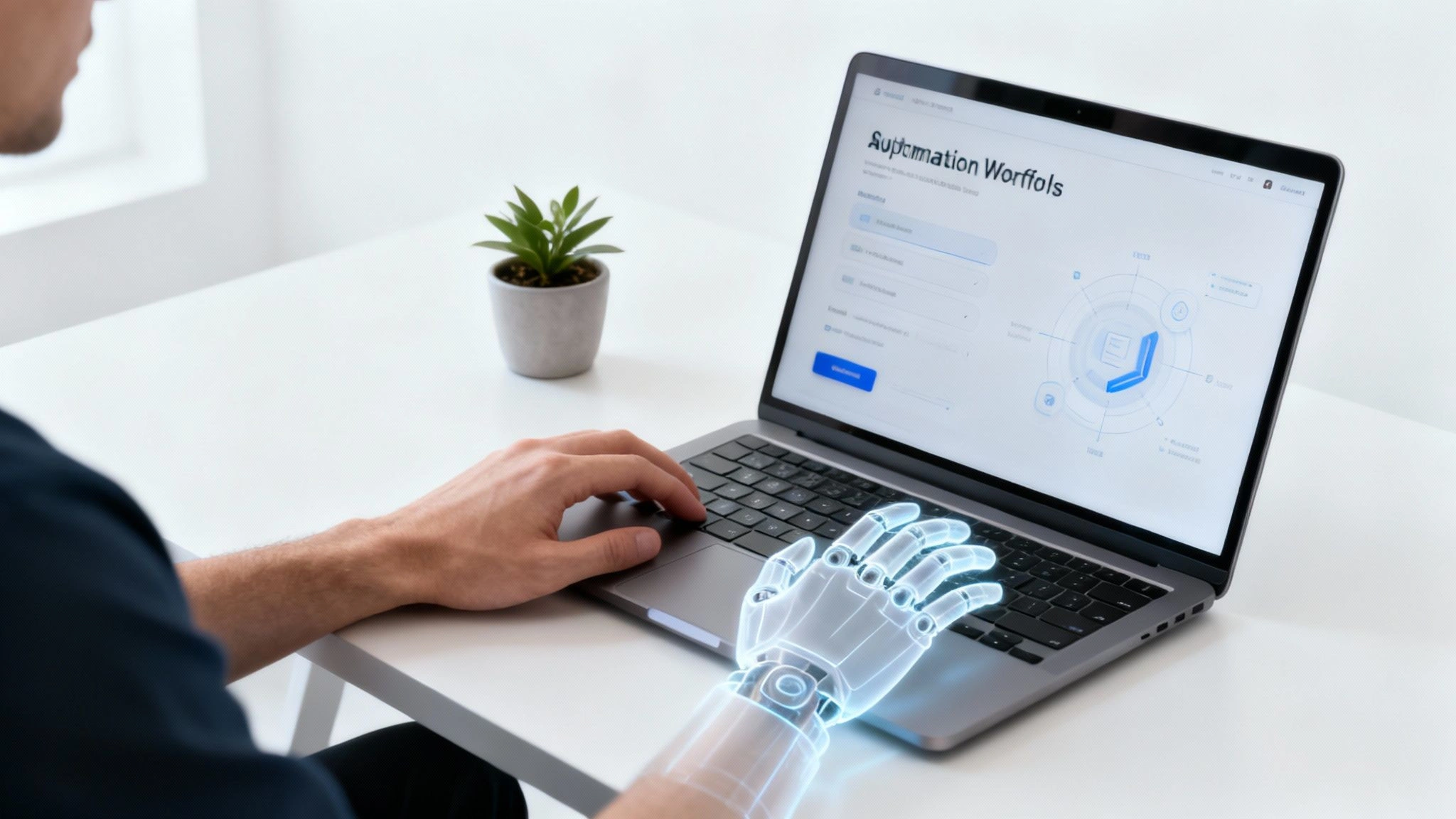 A person with a human and a glowing robotic hand typing on a laptop showing automation workflows.