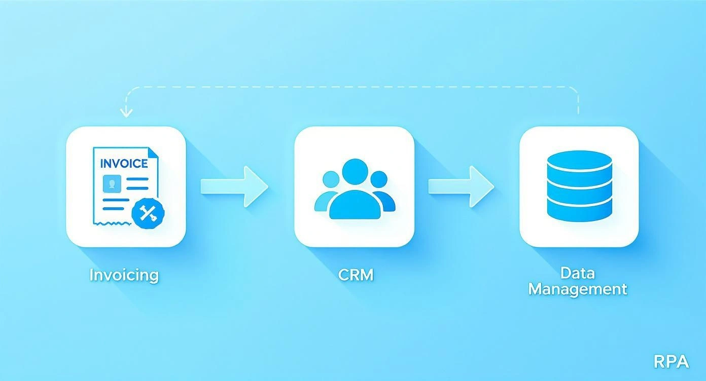 RPA process automation: Invoicing, CRM, and Data Management workflow depicted with icons and arrows.