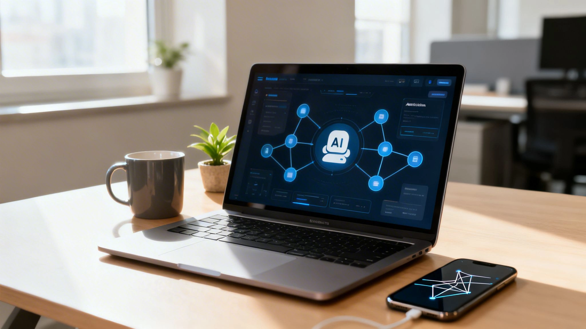 What Is a Workflow and How Does It Drive Business Growth 3 A laptop and smartphone display AI network interfaces on a modern wooden desk.