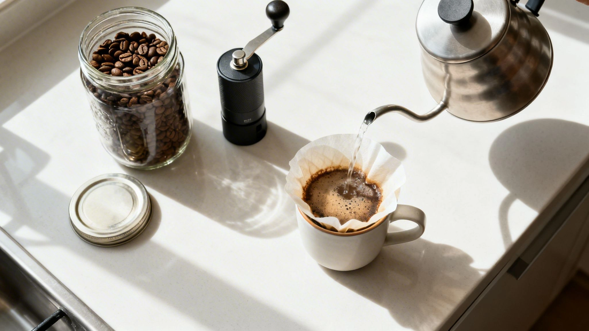 What Is a Workflow and How Does It Drive Business Growth 1 Pour-over coffee being brewed on a bright countertop with coffee beans and a grinder nearby.