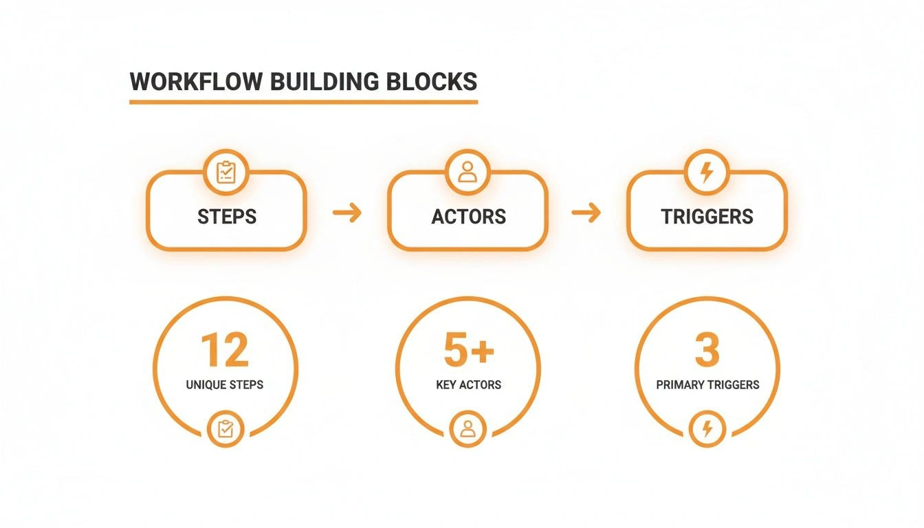 What Is a Workflow and How Does It Drive Business Growth 2 Infographic displaying workflow building blocks: 12 unique steps, 5+ key actors, and 3 primary triggers.