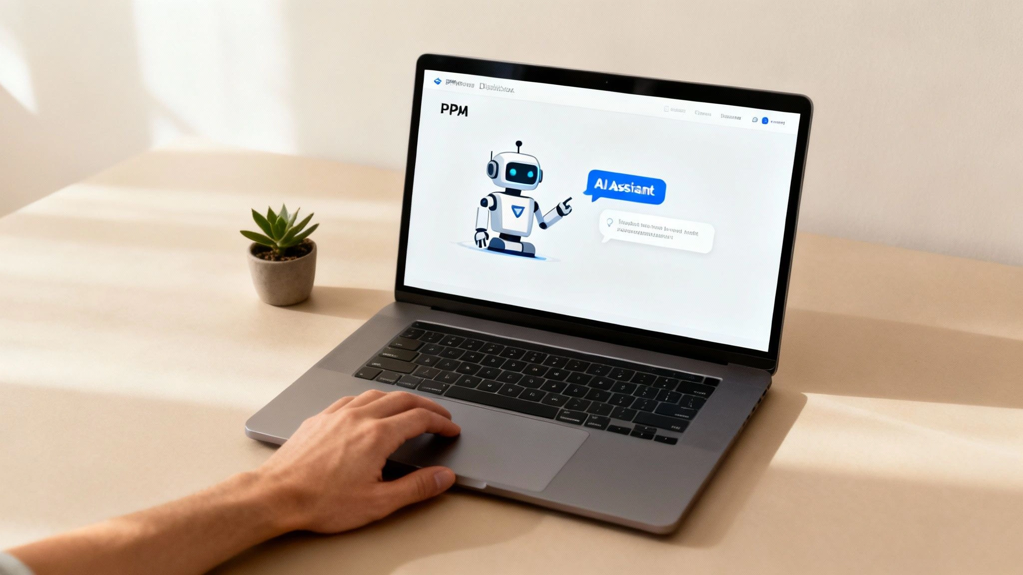 Person using laptop displaying AI assistant chatbot interface for business process automation and management