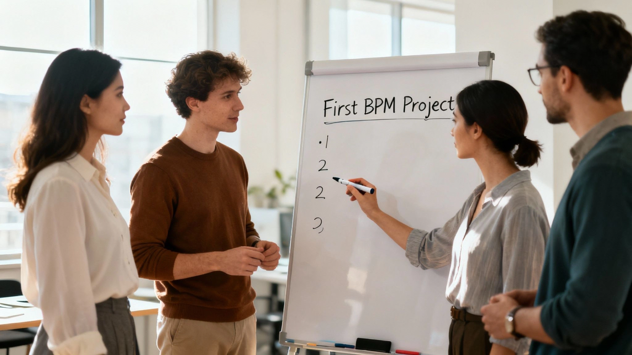 Team of professionals collaborating on first BPM project planning at office whiteboard meeting