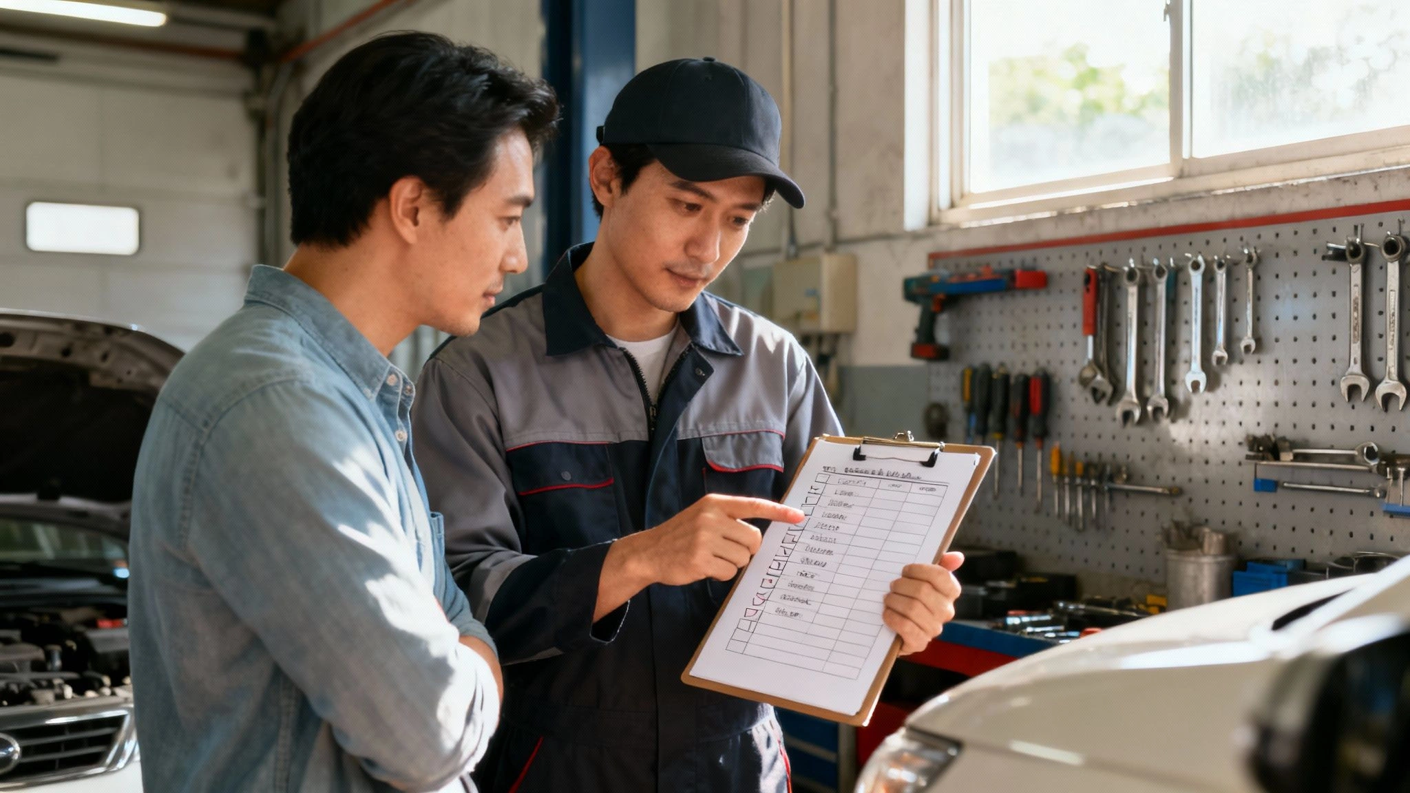 A mechanic explains car service details from a checklist to a customer in a garage.