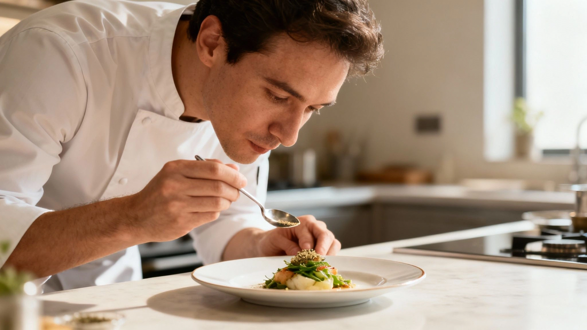 A chef in a white uniform carefully garnishes a gourmet dish with a spoon in a bright kitchen.
