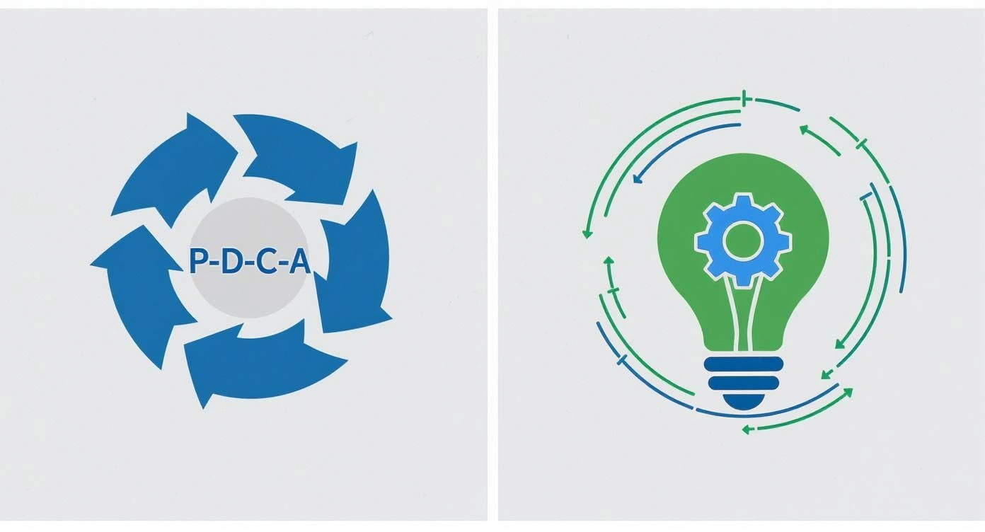 Diagram illustrating two concepts: the PDCA cycle with arrows and an innovation lightbulb surrounded by circular arrows.