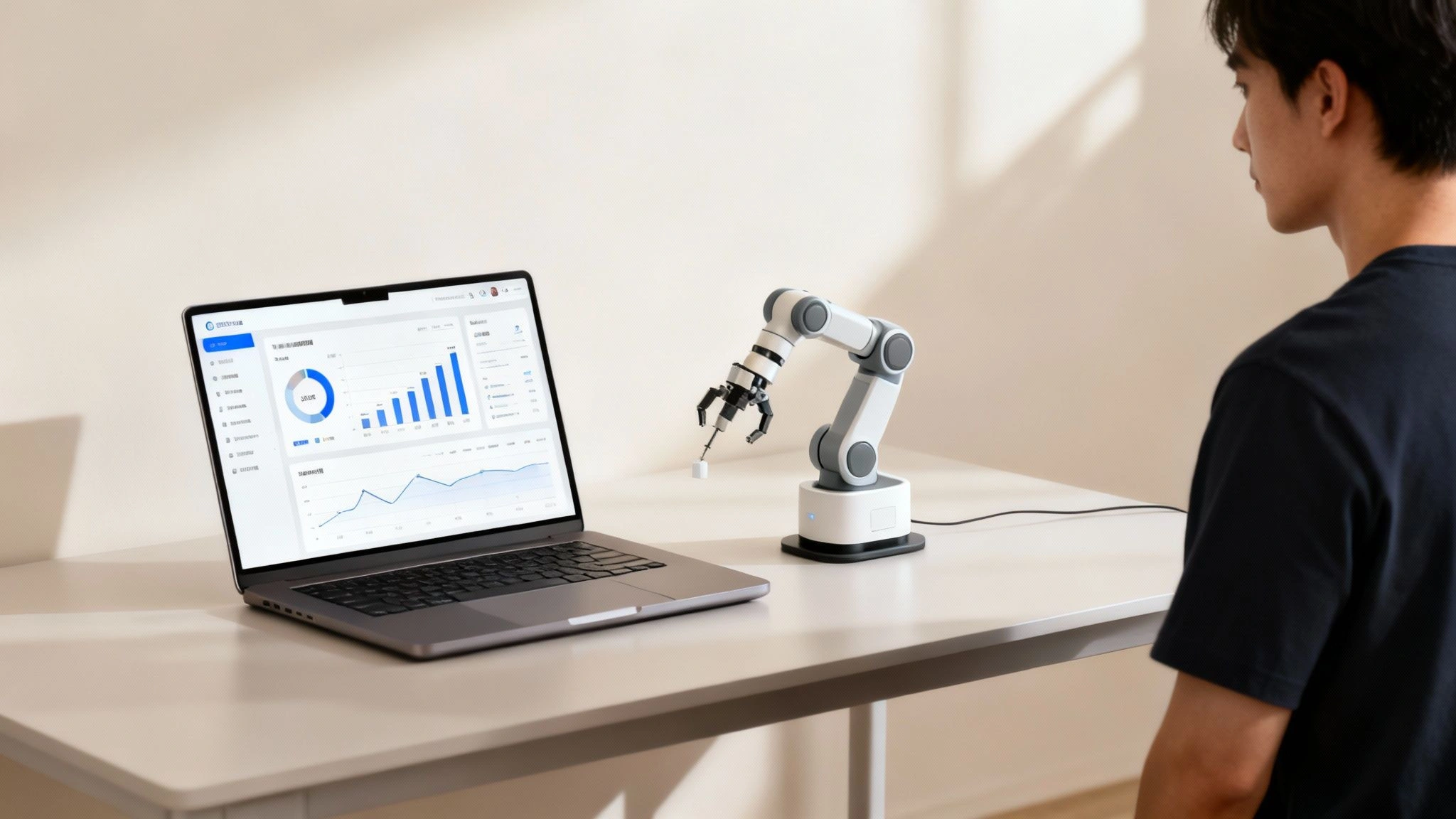 A person watches a laptop displaying charts and a robotic arm holding a small cube.