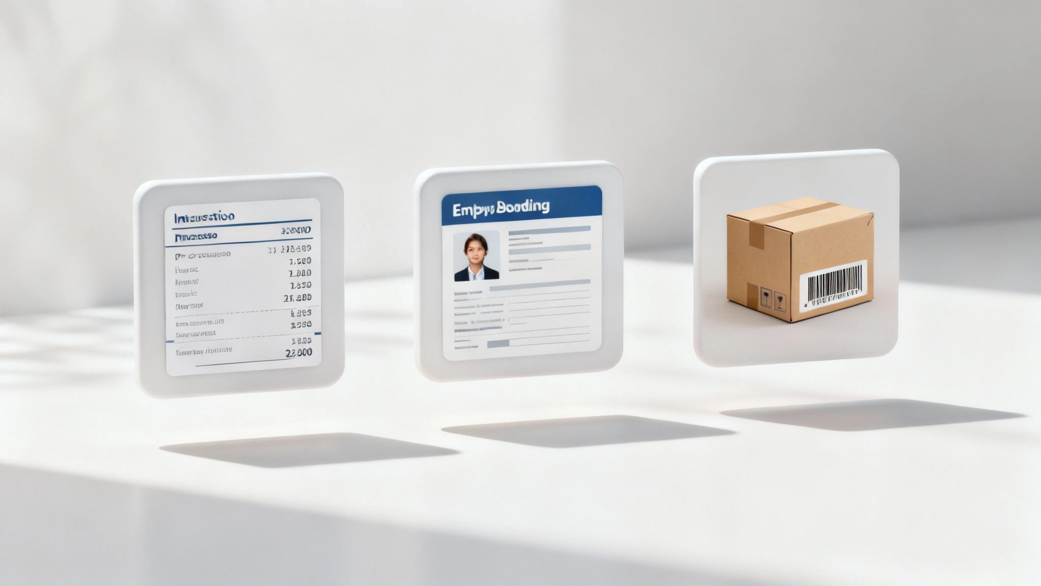 Three floating panels showing invoice document, employee onboarding form, and shipping package representing robotic process automation