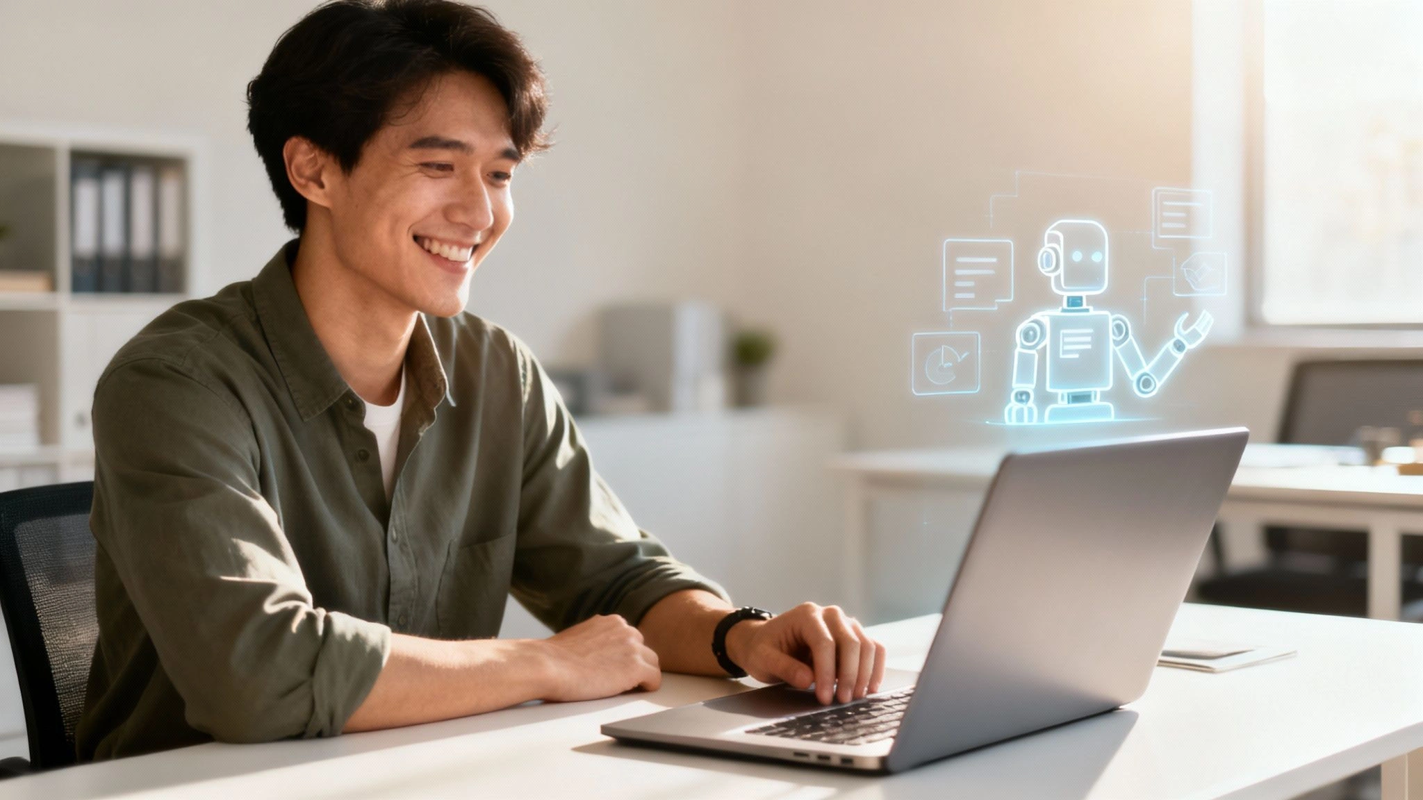 Man smiling while working on laptop with holographic robot assistant interface displayed above computer