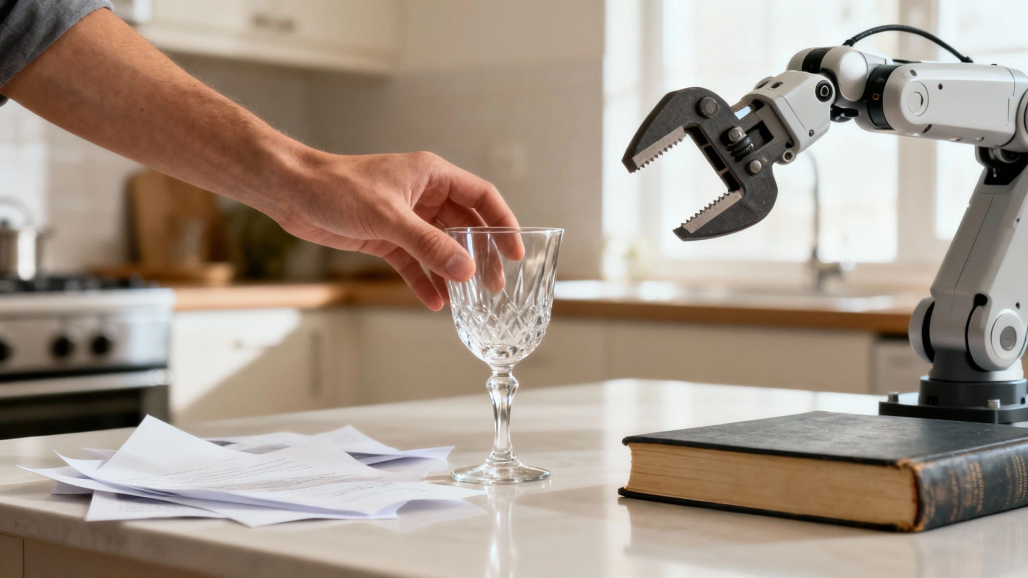 A human hand reaches for a fragile glass while a robotic arm observes in a home kitchen.