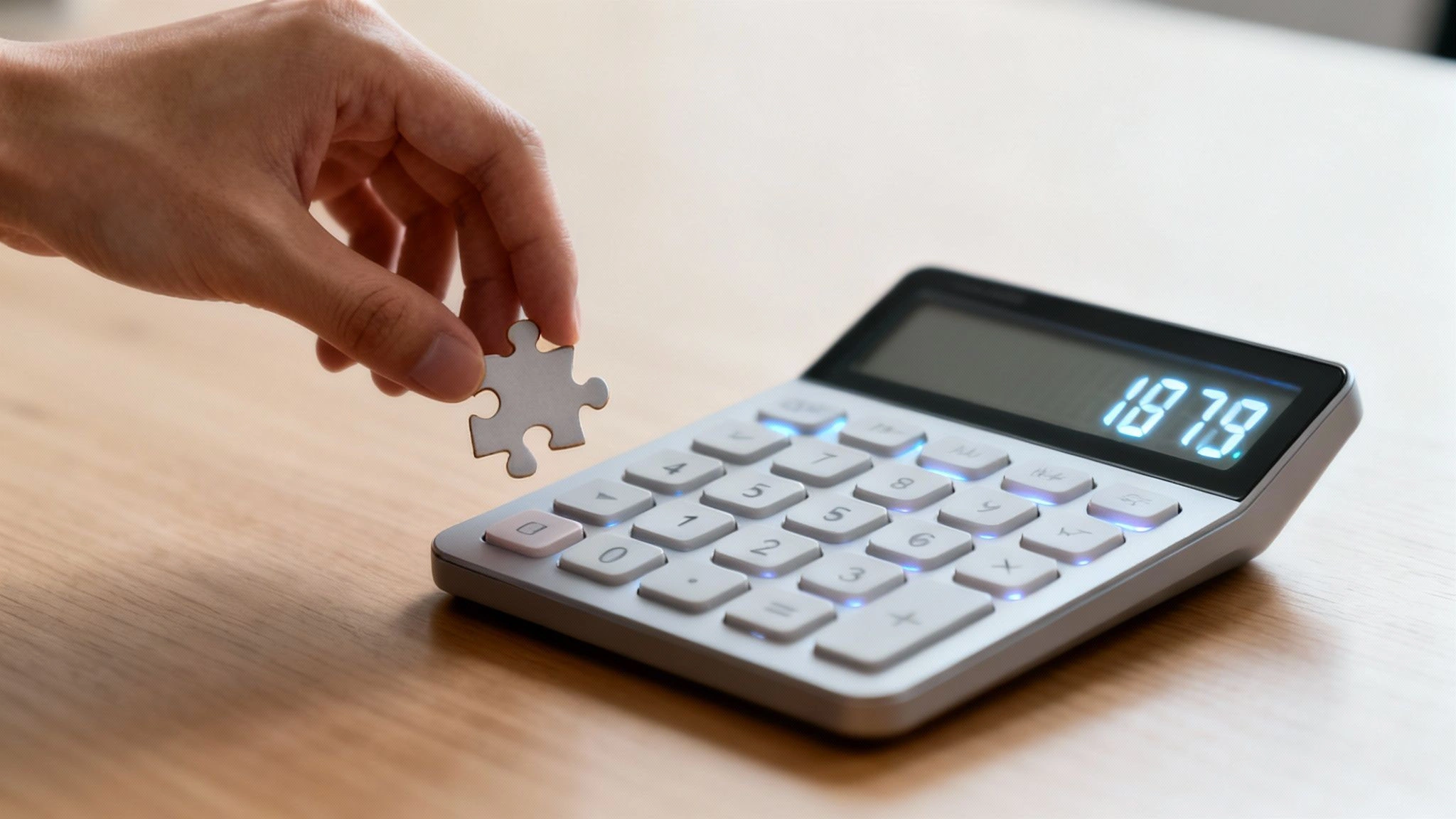 A hand holds a puzzle piece above a calculator displaying '1879' on a wooden desk.