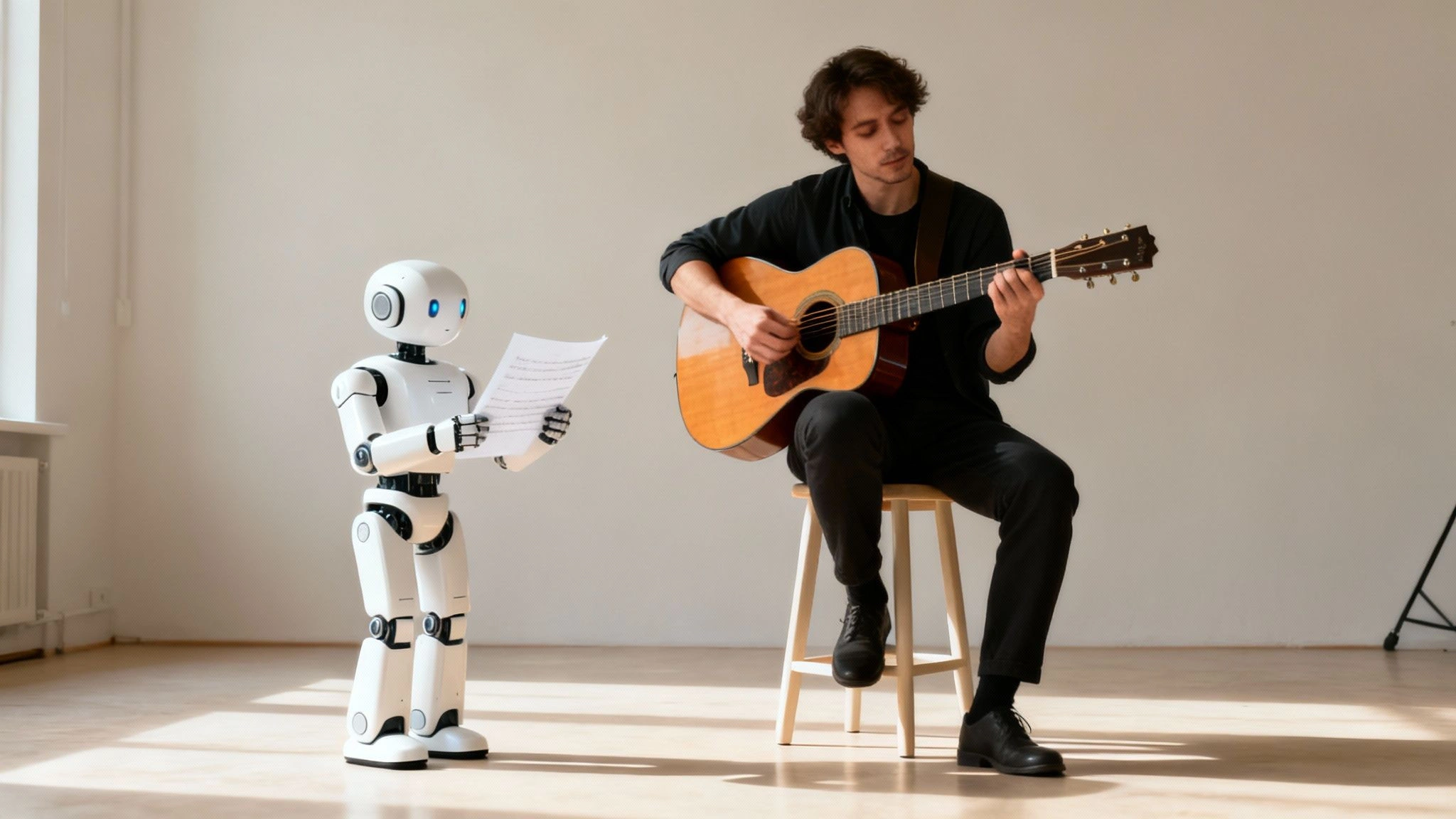 A man plays an acoustic guitar while a robot holds and reads sheet music.